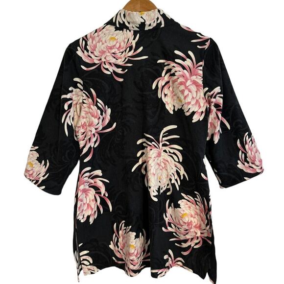 Soft Surroundings Petite Medium Black Top Button Up 3/4 Sleeve Pink Floral Print - Picture 2 of 9